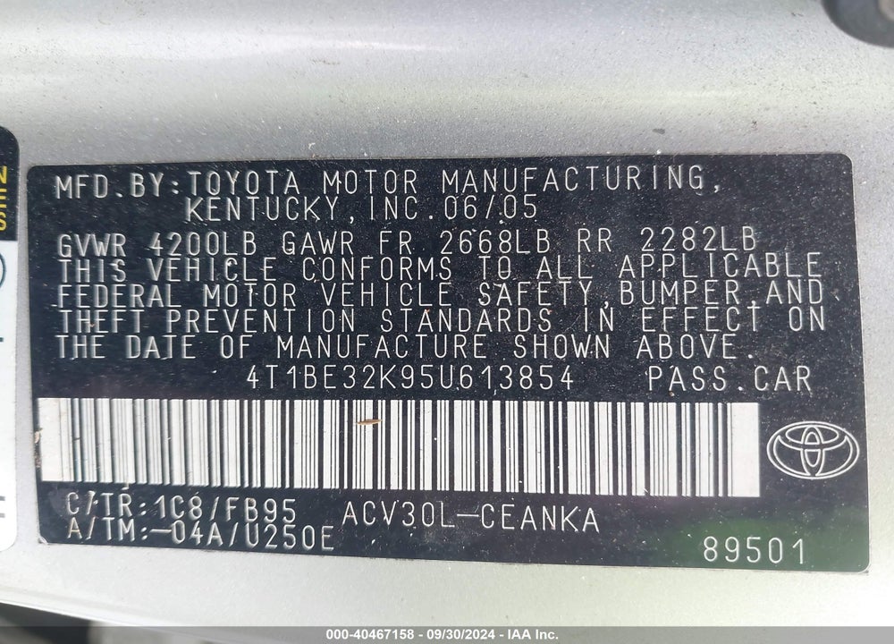2005 TOYOTA CAMRY LE VIN: 4T1BE32K95U613854