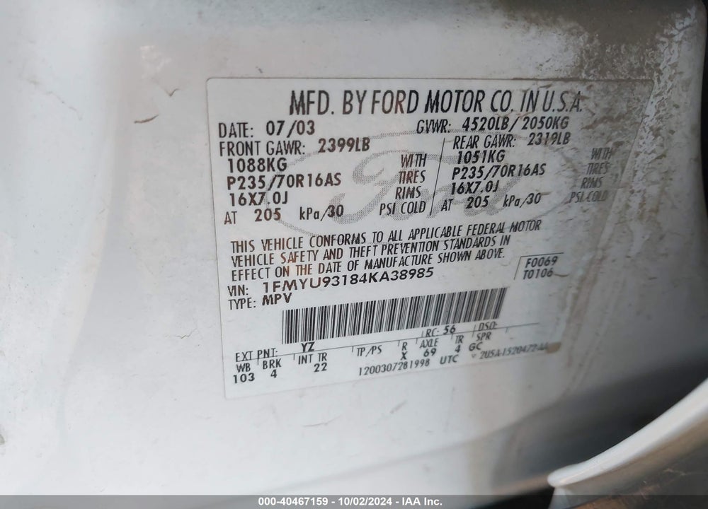 2004 FORD ESCAPE XLT VIN: 1FMYU93184KA38985