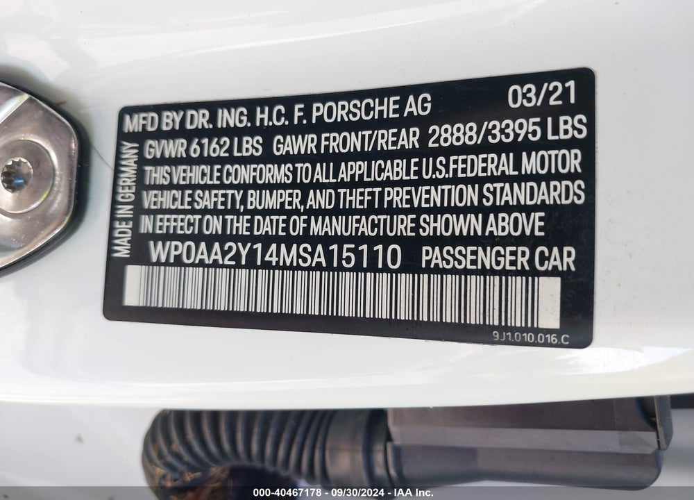 2021 PORSCHE TAYCAN VIN: WP0AA2Y14MSA15110