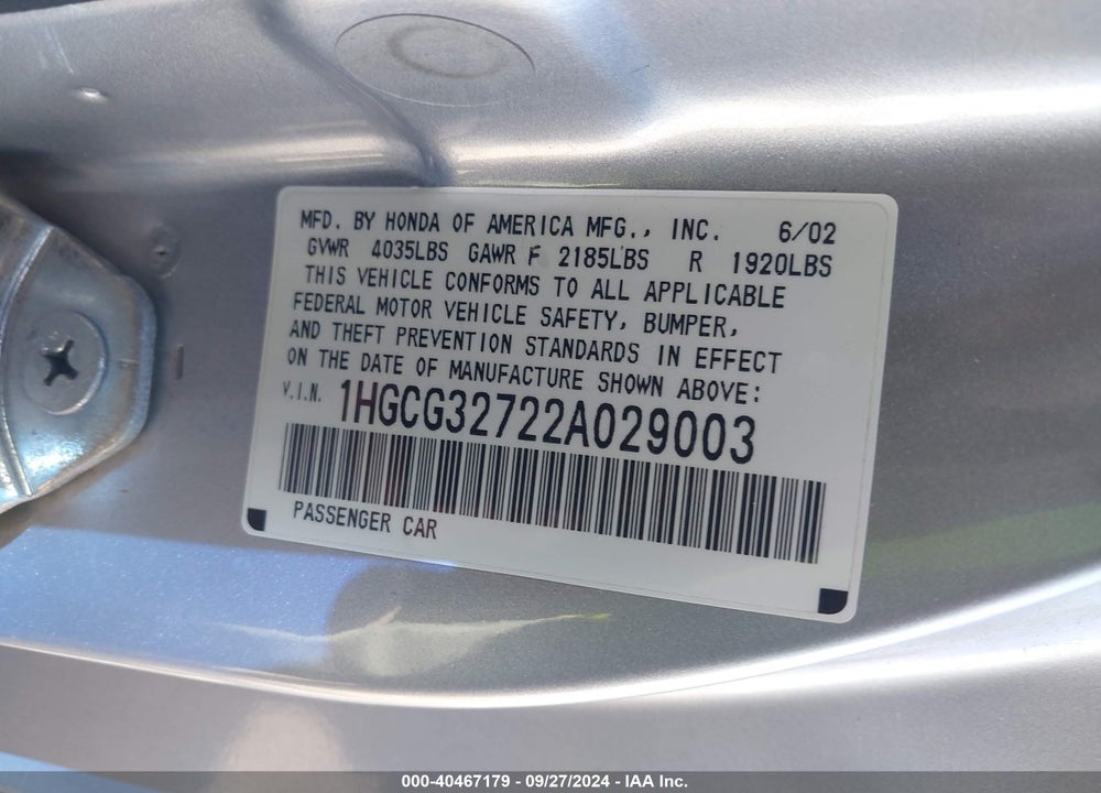 2002 HONDA ACCORD 2.3 EX VIN: 1HGCG32722A029003