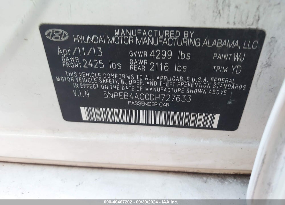 2013 HYUNDAI SONATA GLS VIN: 5NPEB4AC0DH727633