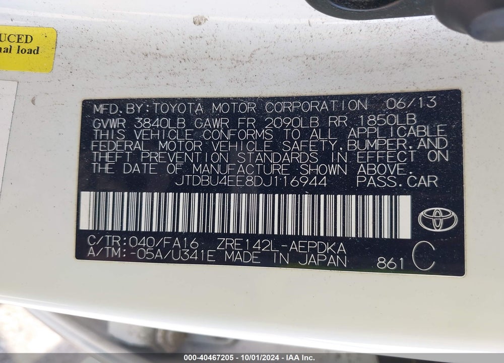 2013 TOYOTA COROLLA L VIN: JTDBU4EE8DJ116944