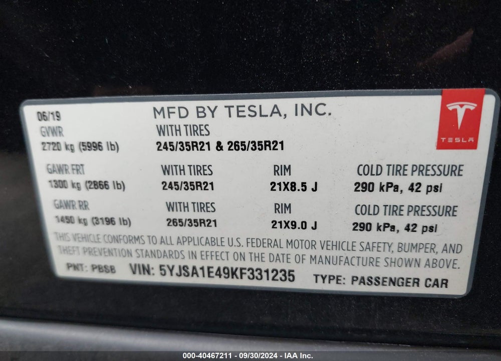 2019 TESLA MODEL S VIN: 5YJSA1E49KF331235