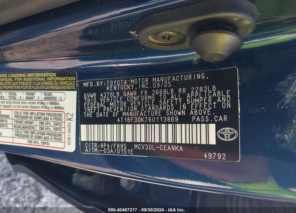 2006 TOYOTA CAMRY LE V6 VIN: 4T1BF30K76U113869