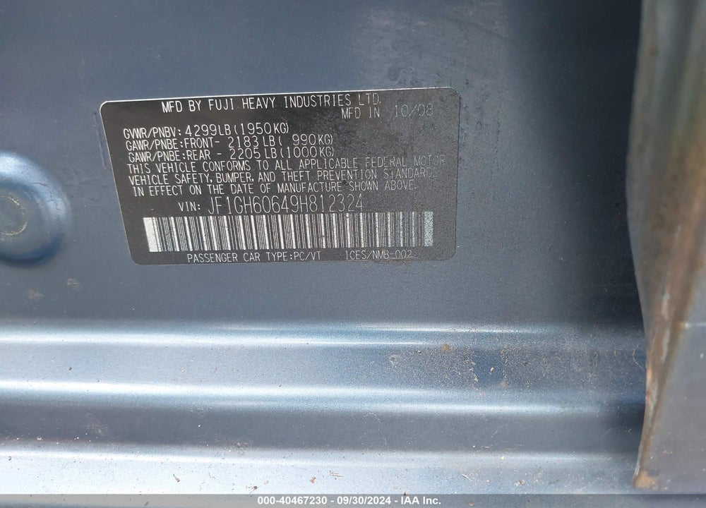 2009 SUBARU IMPREZA VIN: JF1GH60649H812324