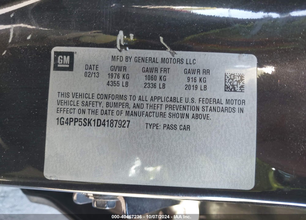 2013 BUICK VERANO VIN: 1G4PP5SK1D4187927