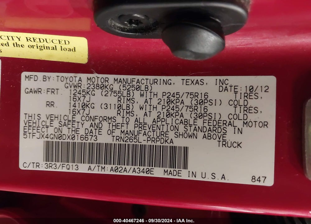 2013 TOYOTA TACOMA PRERUNNER VIN: 5TFJX4GN0DX016673