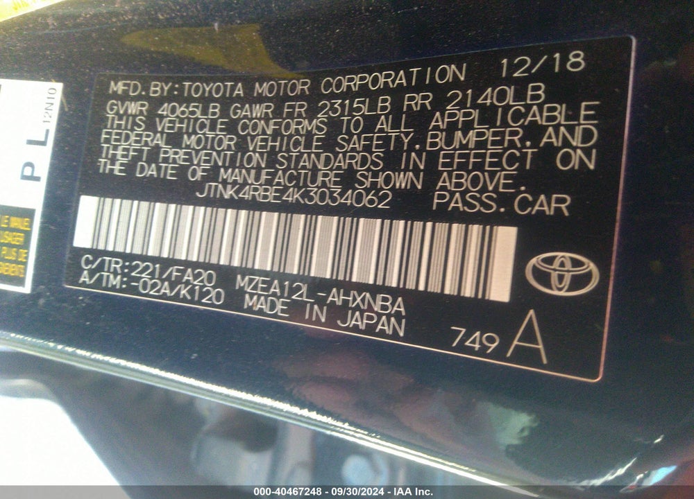 2019 TOYOTA COROLLA SE VIN: JTNK4RBE4K3034062