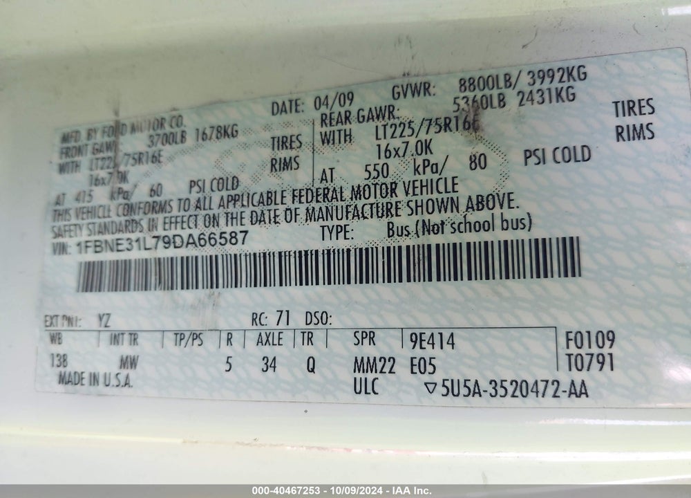 2009 FORD E-350 SUPER DUTY XL/XLT VIN: 1FBNE31L79DA66587