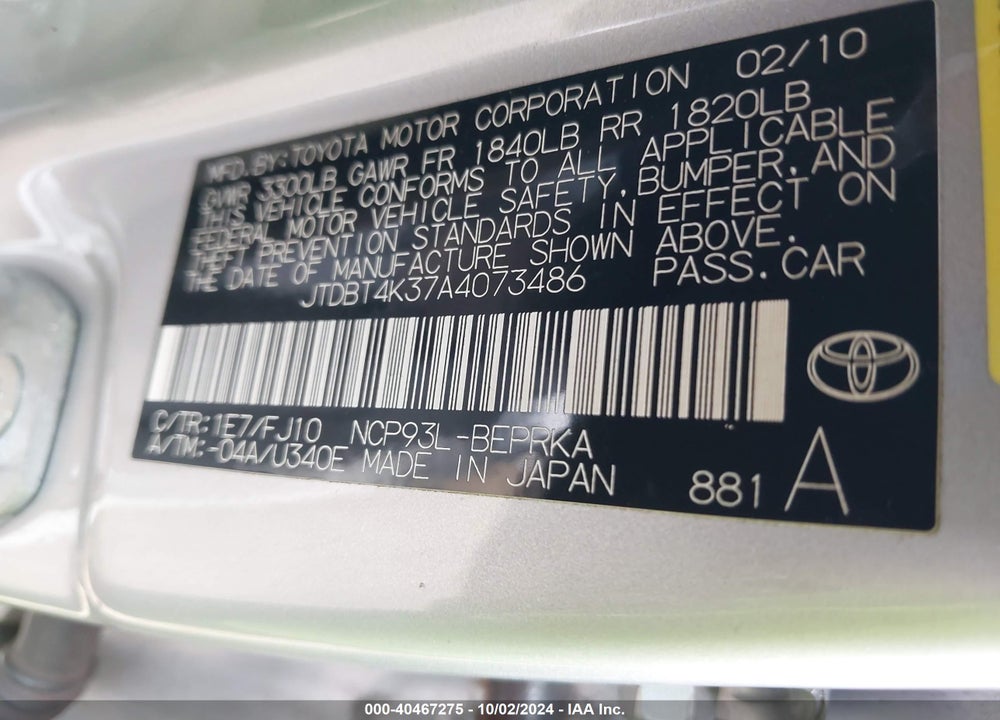 2010 TOYOTA YARIS VIN: JTDBT4K37A4073486