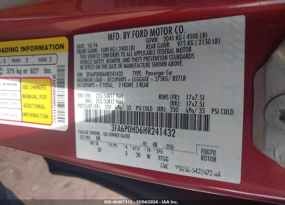 2017 FORD FUSION SE VIN: 3FA6P0HD6HR241432