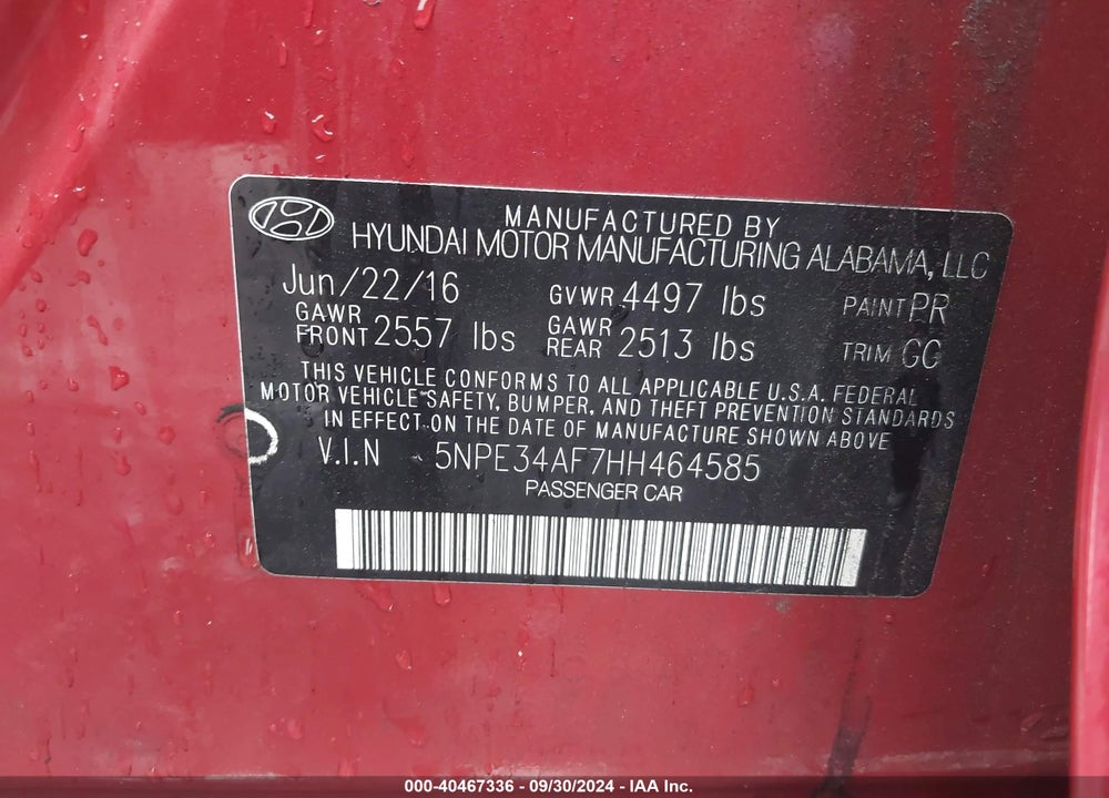 2017 HYUNDAI SONATA SPORT VIN: 5NPE34AF7HH464585