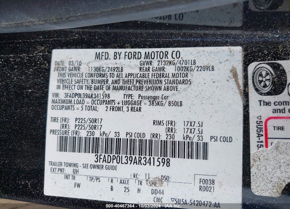 2010 FORD FUSION HYBRID VIN: 3FADP0L39AR341598