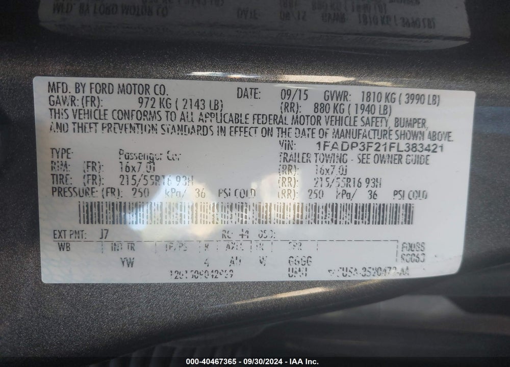 2015 FORD FOCUS SE VIN: 1FADP3F21FL383421
