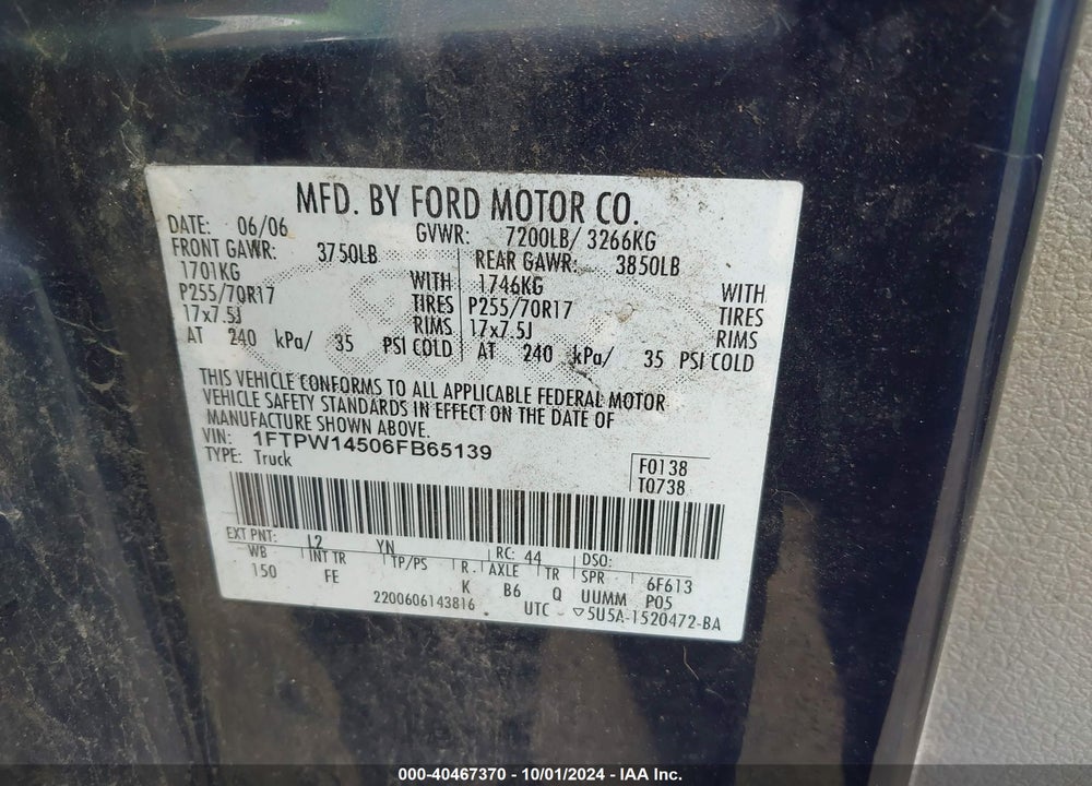 2006 FORD F-150 FX4/LARIAT/XLT VIN: 1FTPW14506FB65139