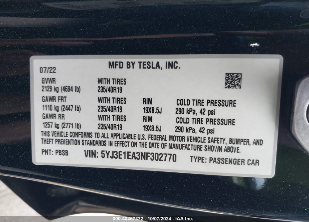 2022 TESLA MODEL 3 VIN: 5YJ3E1EA3NF302770