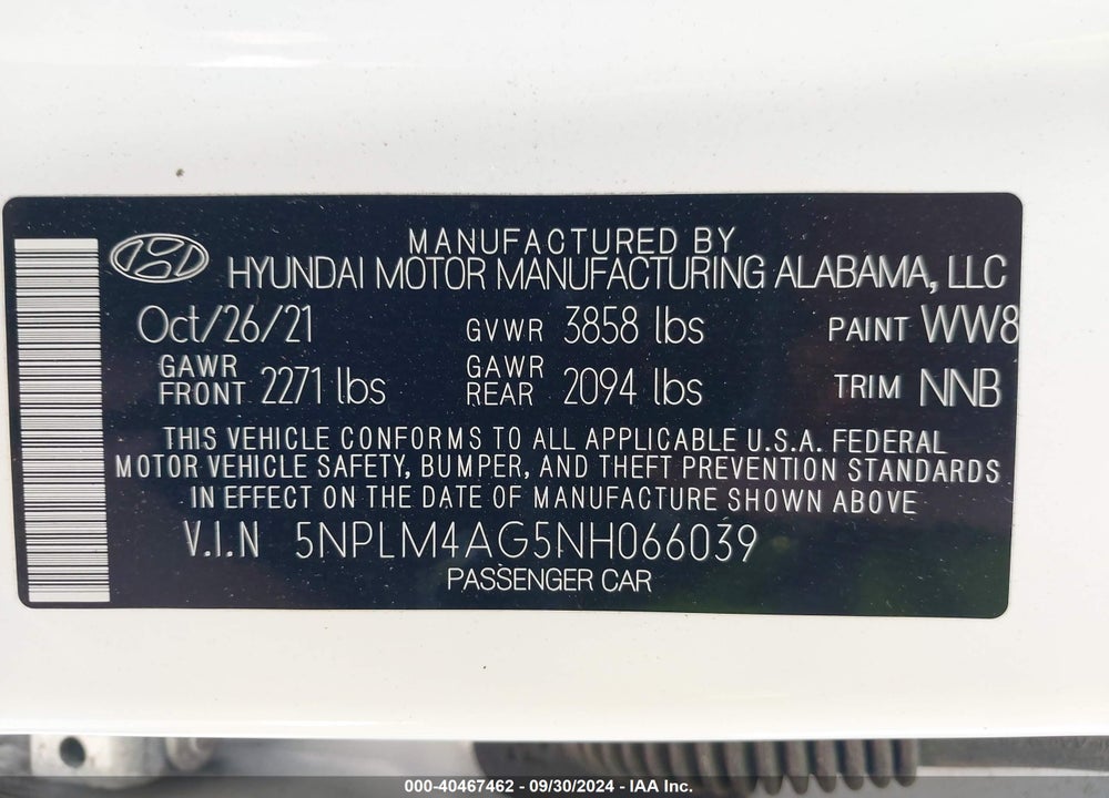 2022 HYUNDAI ELANTRA SEL VIN: 5NPLM4AG5NH066039