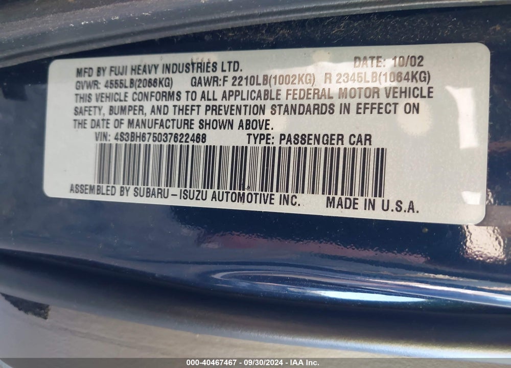 2003 SUBARU OUTBACK VIN: 4S3BH675037622468