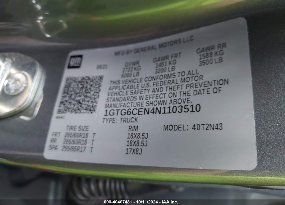 2022 GMC CANYON 4WD SHORT BOX ELEVATION VIN: 1GTG6CEN4N1103510