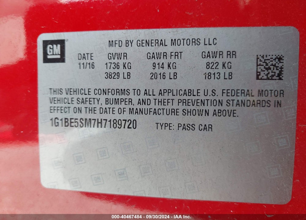 2017 CHEVROLET CRUZE LT AUTO VIN: 1G1BE5SM7H7189720