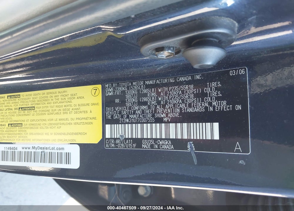 2007 LEXUS RX 350 VIN: 2T2HK31U77C007555