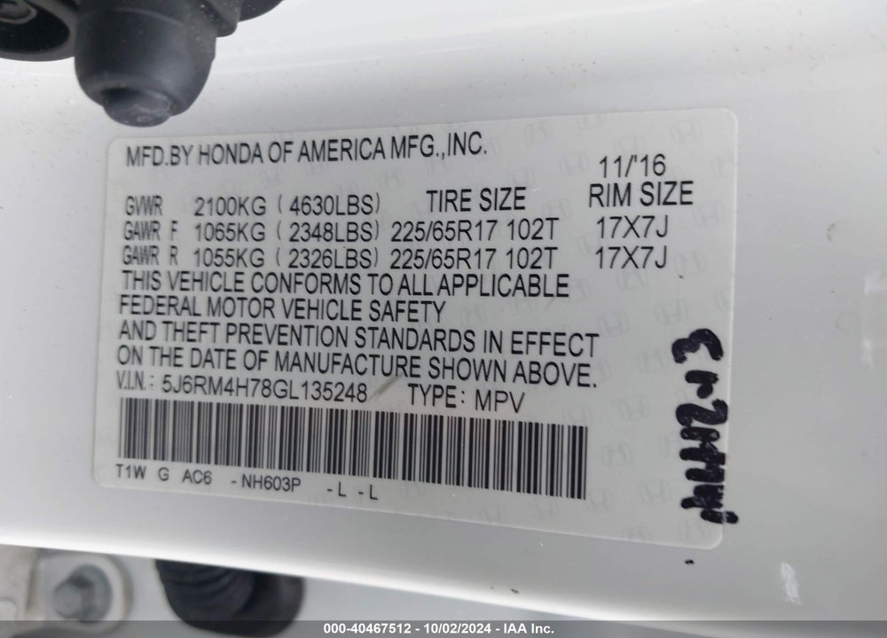 2016 HONDA CR-V EX-L VIN: 5J6RM4H78GL135248