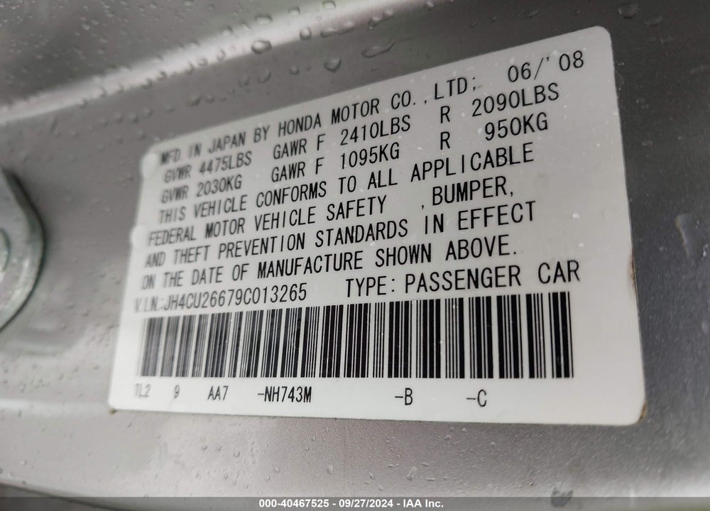 2009 ACURA TSX VIN: JH4CU26679C013265