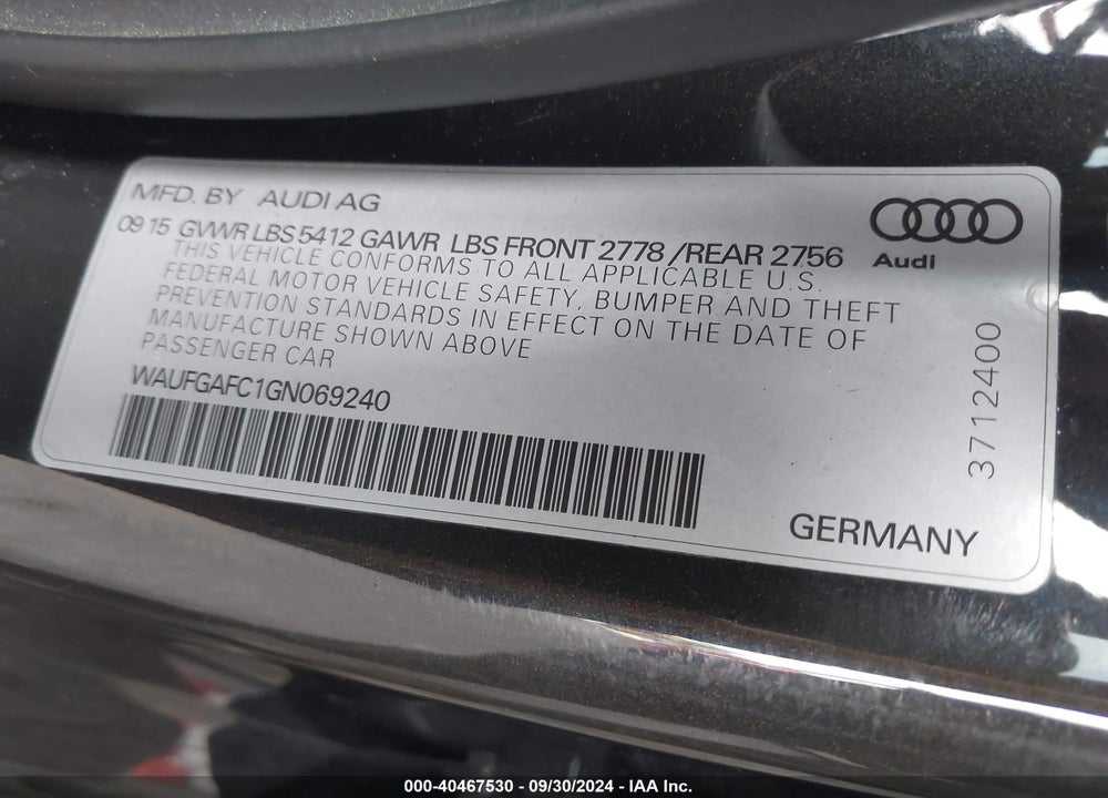 2016 AUDI A6 3.0T PREMIUM PLUS VIN: WAUFGAFC1GN069240