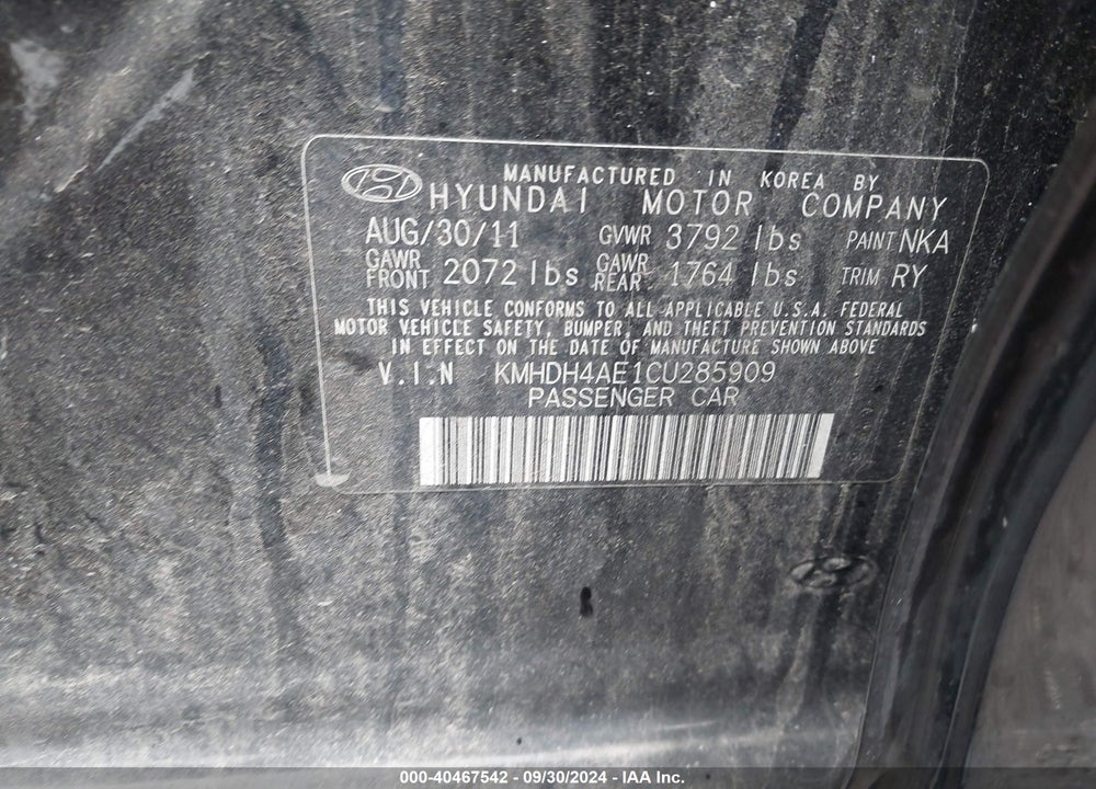 2012 HYUNDAI ELANTRA LIMITED (ULSAN PLANT) VIN: KMHDH4AE1CU285909