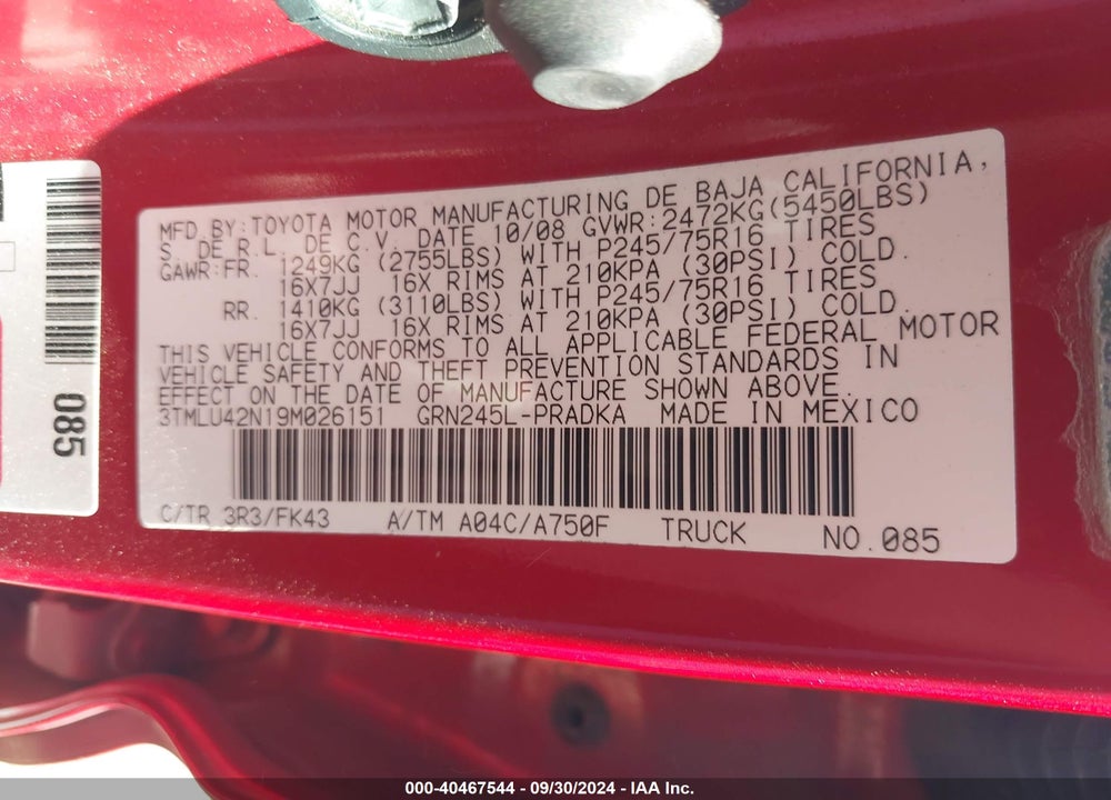 2009 TOYOTA TACOMA BASE V6 VIN: 3TMLU42N19M026151