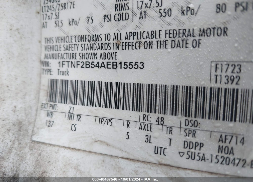 2010 FORD F-250 XL/XLT VIN: 1FTNF2B54AEB15553