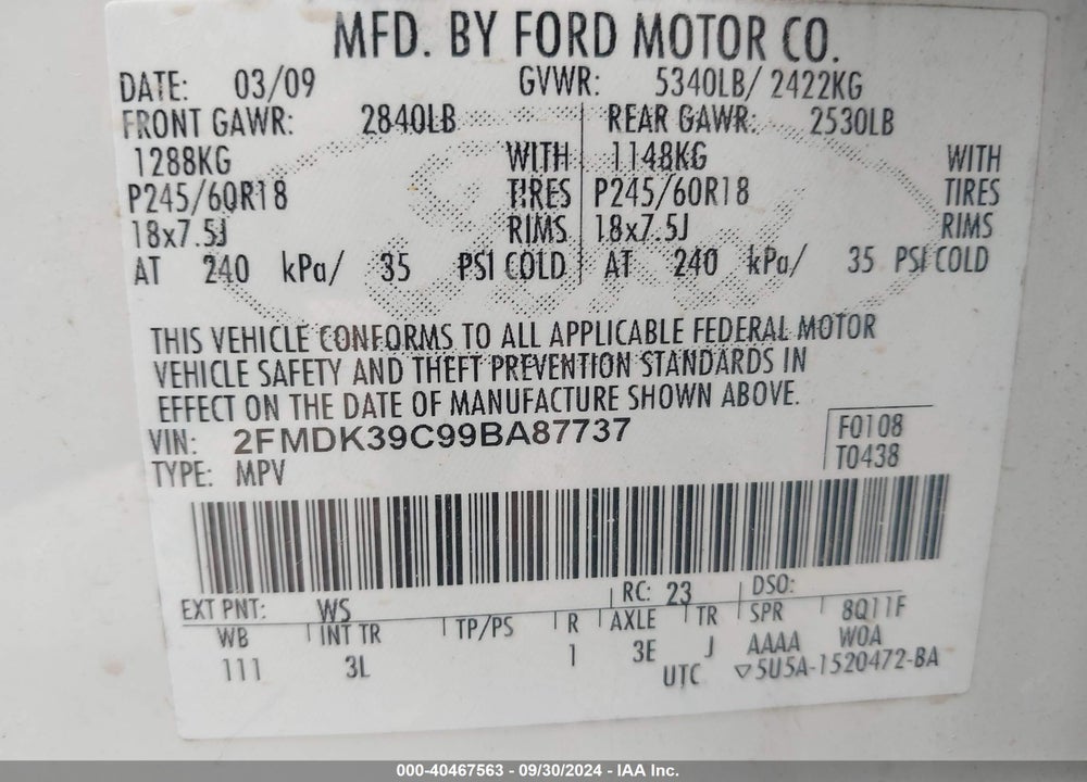2009 FORD EDGE LIMITED VIN: 2FMDK39C99BA87737