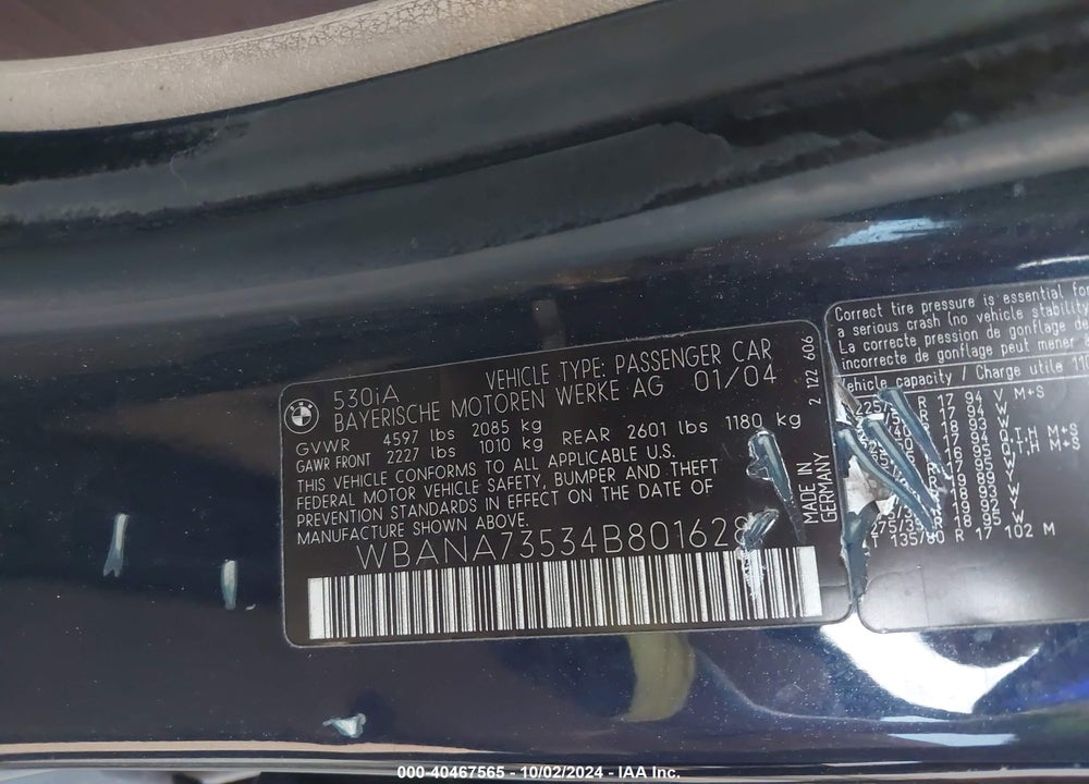 2004 BMW 530I VIN: WBANA73534B801628