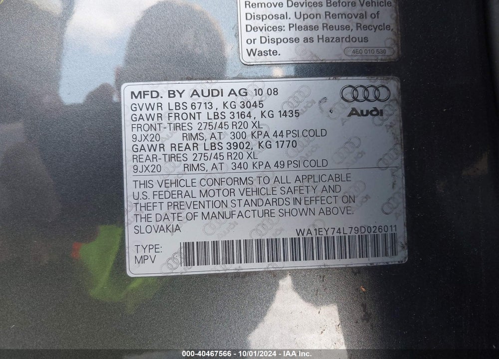 2009 AUDI Q7 3.6 PREMIUM VIN: WA1EY74L79D026011