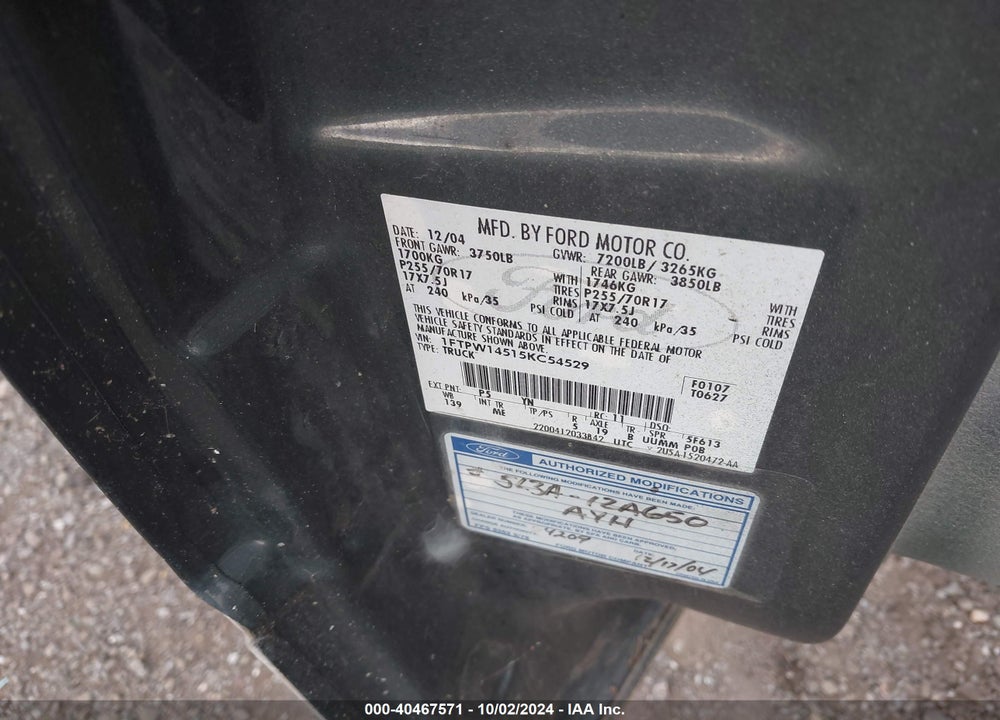 2005 FORD F-150 FX4/LARIAT/XLT VIN: 1FTPW14515KC54529
