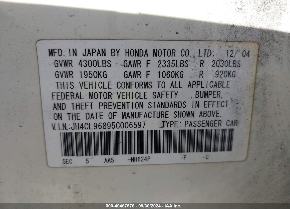 2005 ACURA TSX VIN: JH4CL96895C006597