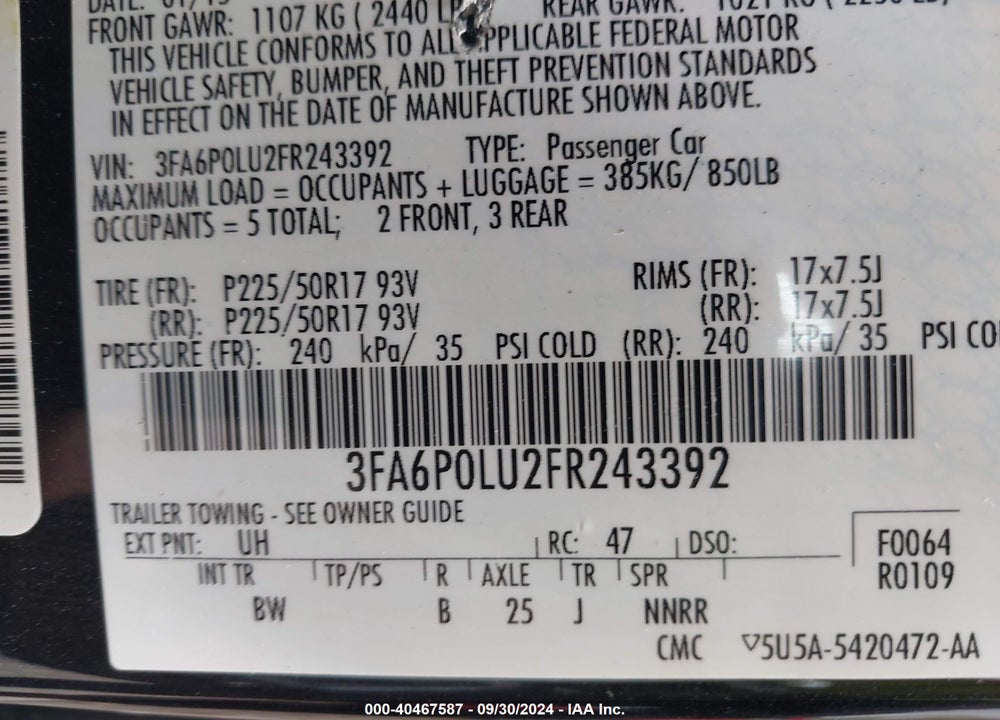 2015 FORD FUSION HYBRID SE VIN: 3FA6P0LU2FR243392
