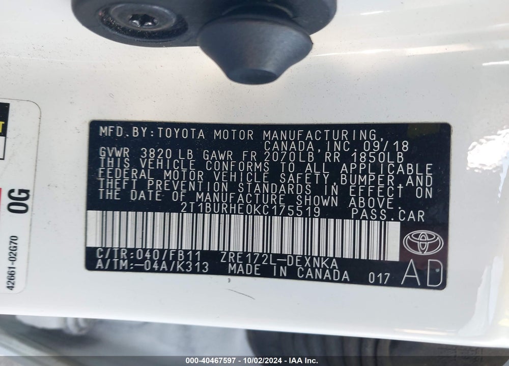 2019 TOYOTA COROLLA LE VIN: 2T1BURHE0KC175519
