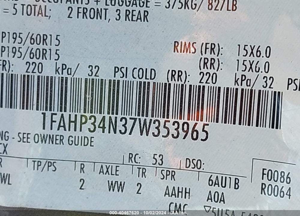 2007 FORD FOCUS S/SE/SES VIN: 1FAHP34N37W353965