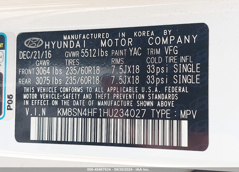 2017 HYUNDAI SANTA FE LIMITED VIN: KM8SN4HF1HU234027