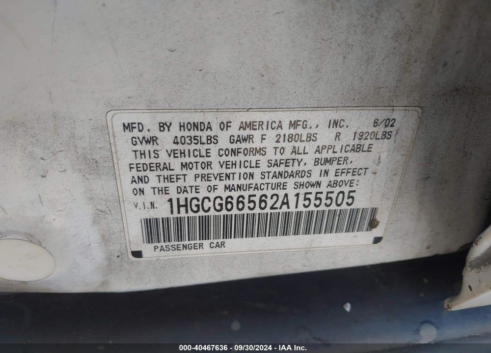 2002 HONDA ACCORD 2.3 LX VIN: 1HGCG66562A155505