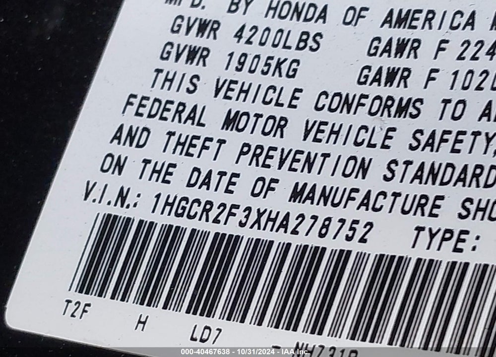 2017 HONDA ACCORD LX VIN: 1HGCR2F3XHA278752