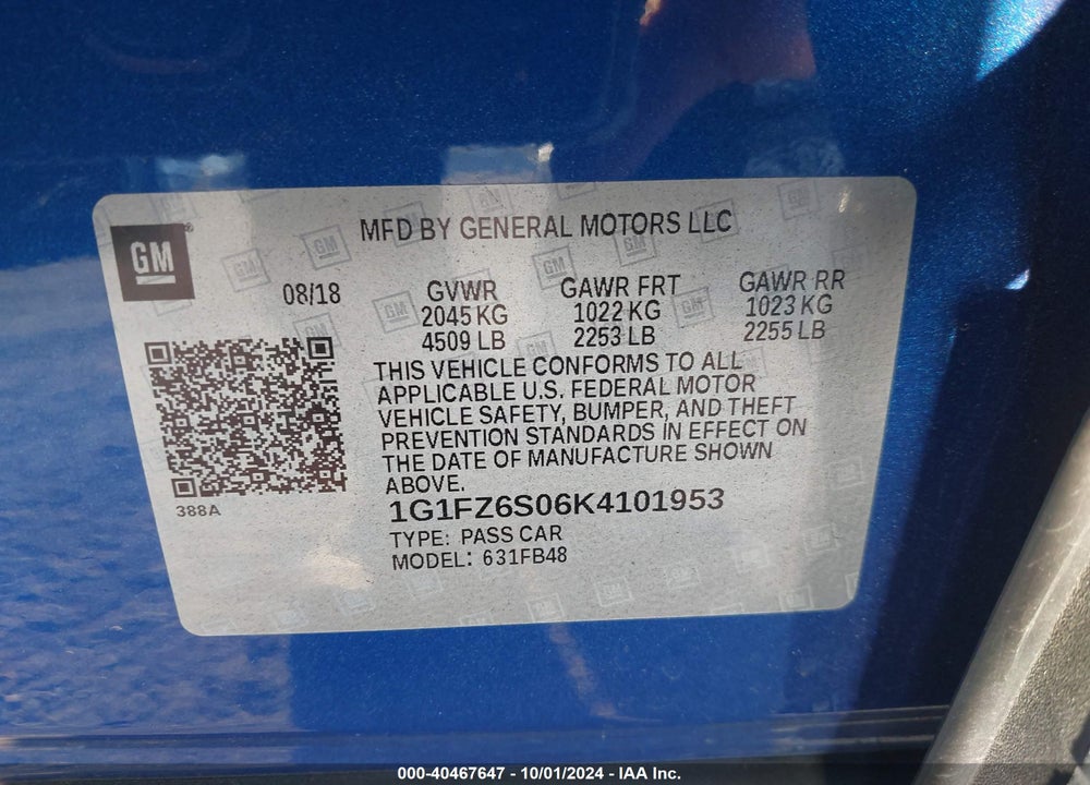 2019 CHEVROLET BOLT EV PREMIER VIN: 1G1FZ6S06K4101953