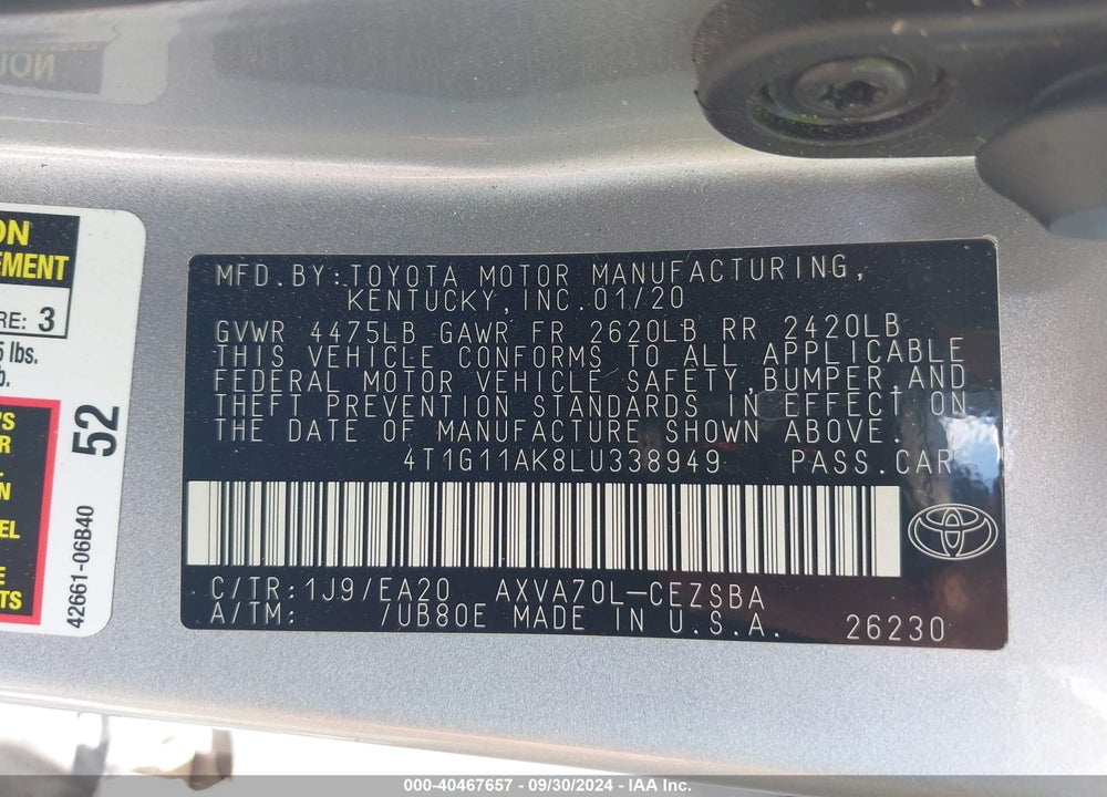 2020 TOYOTA CAMRY SE VIN: 4T1G11AK8LU338949