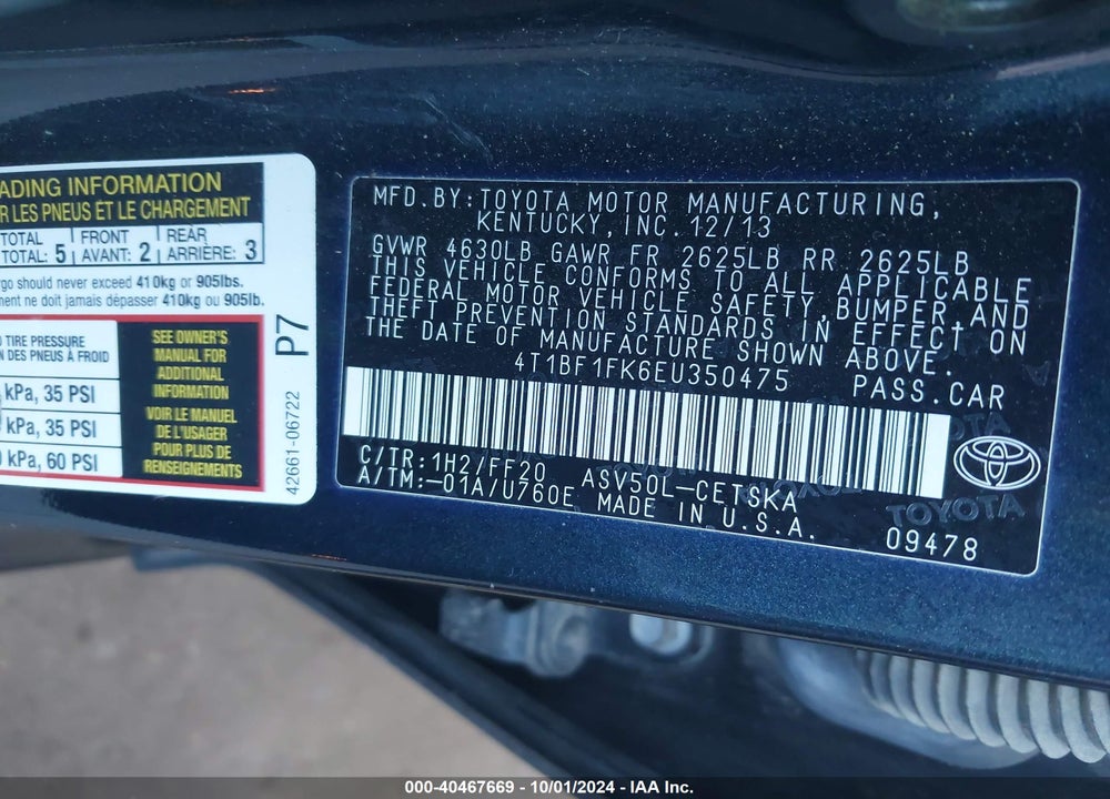2014 TOYOTA CAMRY SE VIN: 4T1BF1FK6EU350475