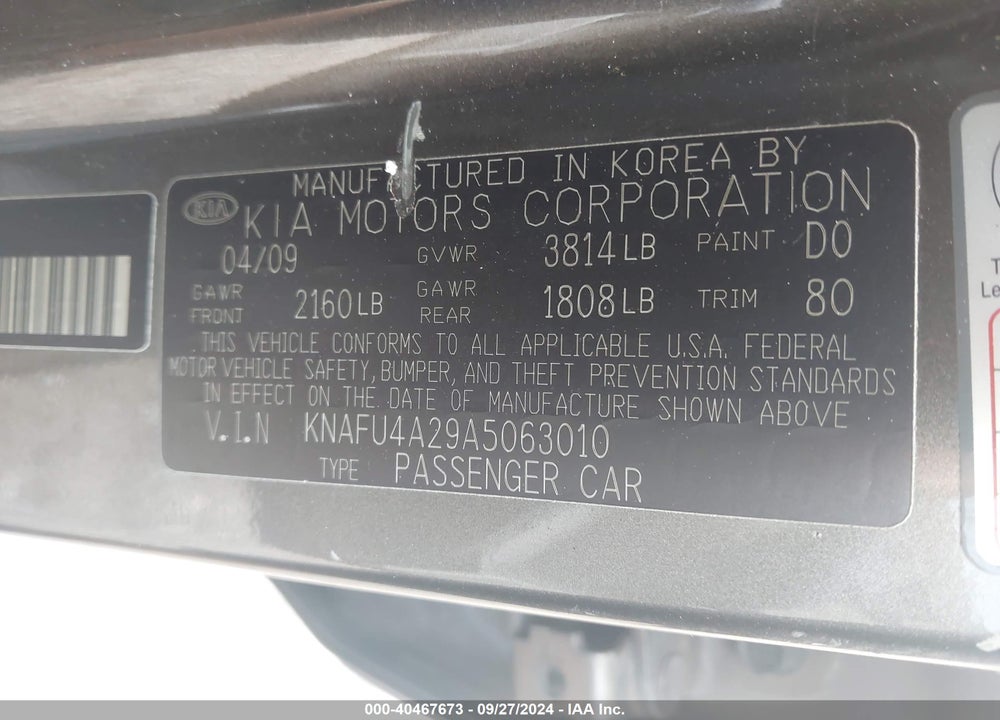 2010 KIA FORTE VIN: KNAFU4A29A5063010