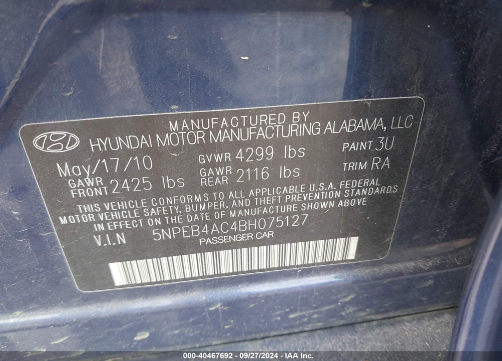2011 HYUNDAI SONATA GLS VIN: 5NPEB4AC4BH075127