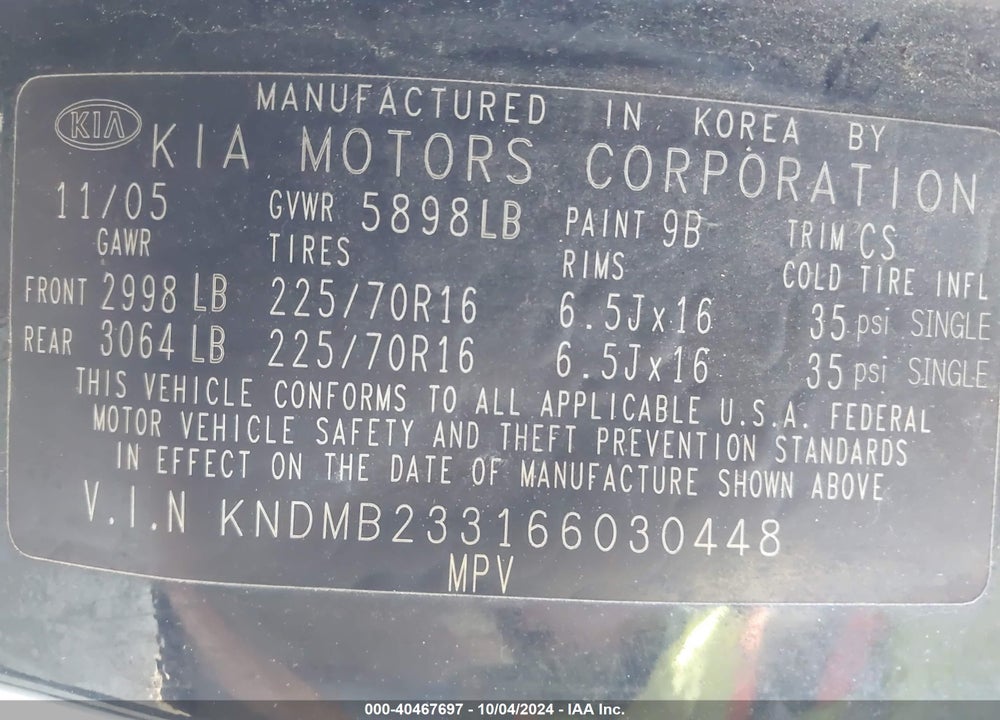 2006 KIA SEDONA EX/LX VIN: KNDMB233166030448