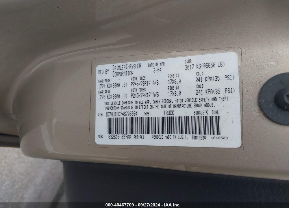 2004 DODGE RAM 1500 SLT/LARAMIE VIN: 1D7HU18D74S705804