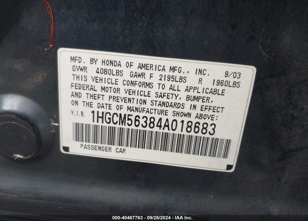 2004 HONDA ACCORD 2.4 LX VIN: 1HGCM56384A018683